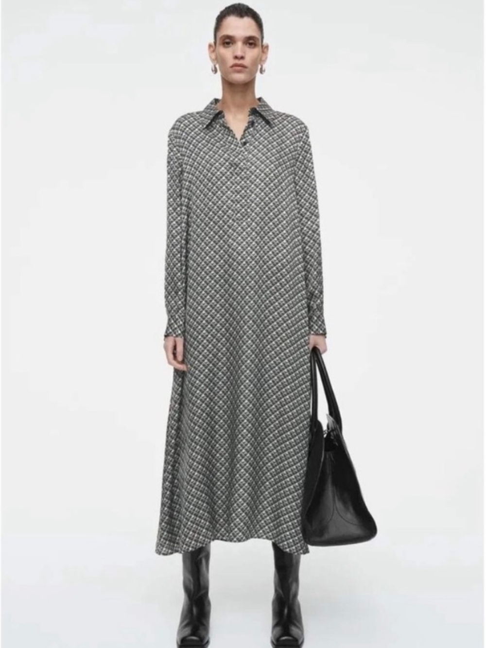 COS Monochromatic Geometric printed midi long sleeve popover shirt dress NWT